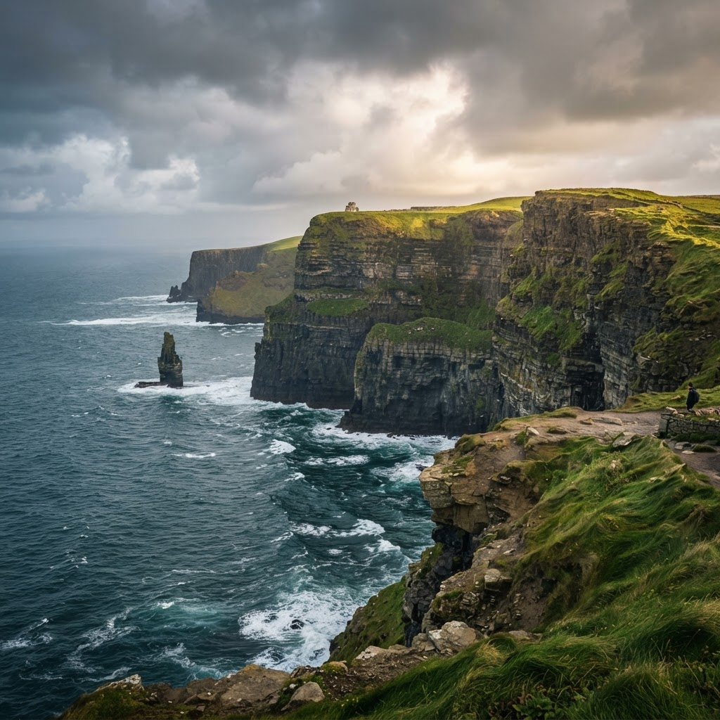 Dramatic Irish coastal cliffs rising above the Atlantic Ocean under a moody sky